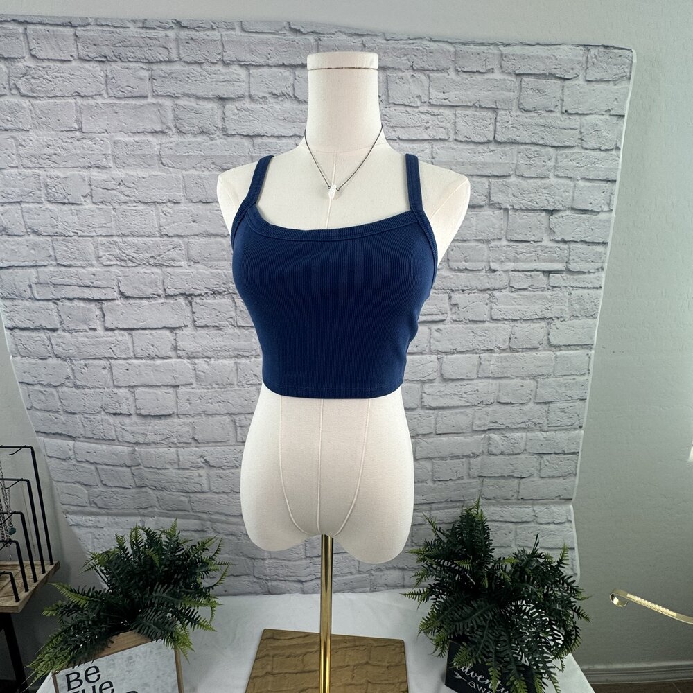 PacSun Navy Ribbed Square Neck Racerback Crop Tank S Est Pac 1980